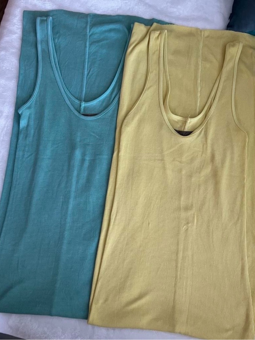 2 Enza Costa Fluid Silk Rib Midi Dresses in Lemongrass and Quiet Wave